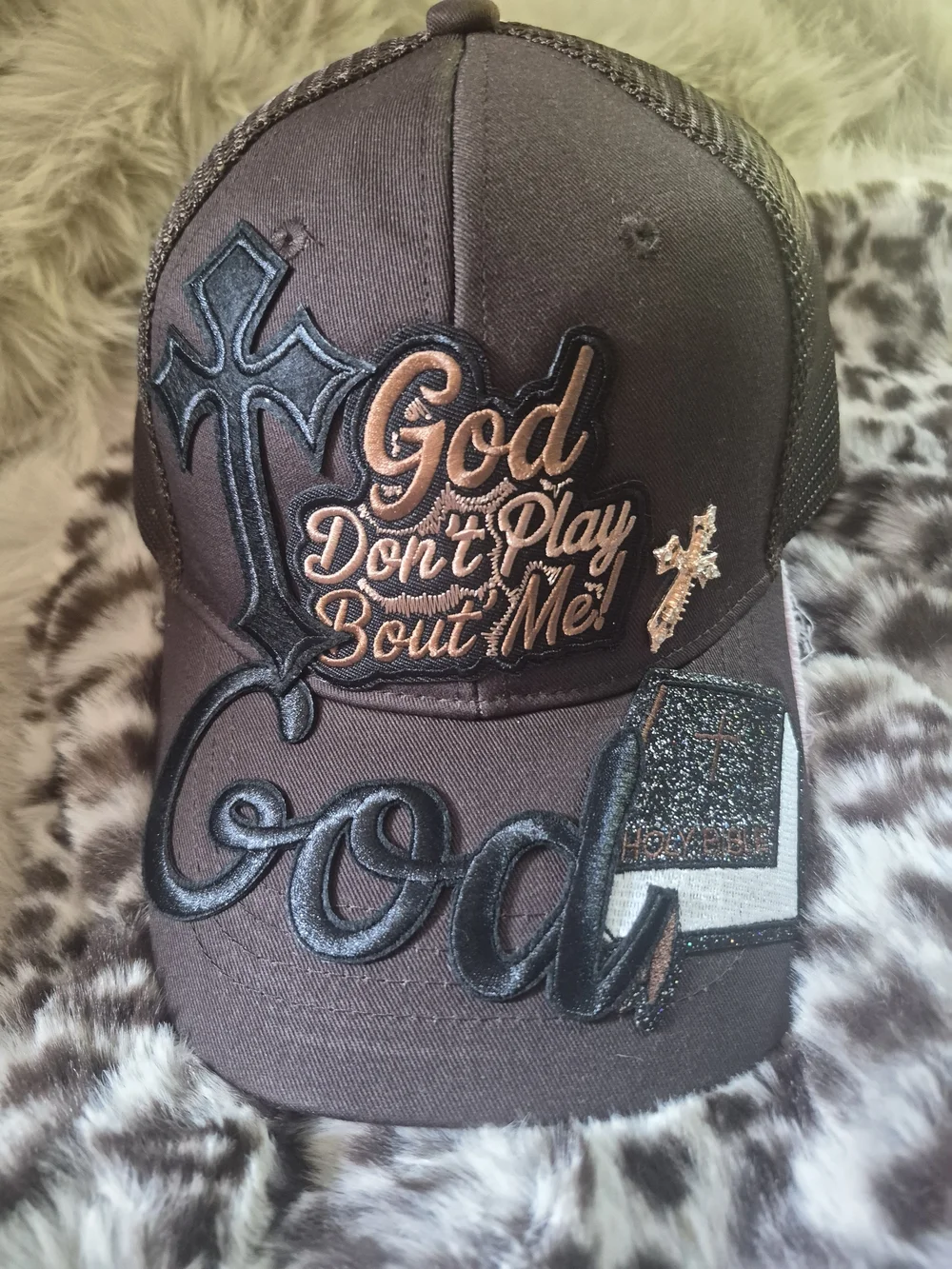 God Don't Play Bout Me Embroidered Trucker Cap - Brown